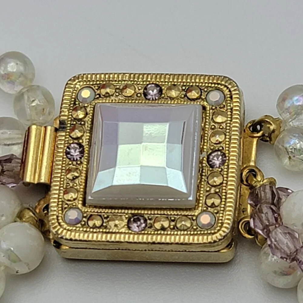Vintage Faux Pearl Necklace White And Pink Multi Strand Gold Tone Box Clasp 17